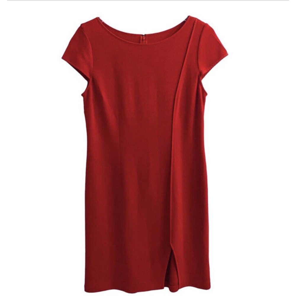 St. John Red Dress Wool Blend Scoop Neck Cap Sleeve Size 8 Career To Cocktail